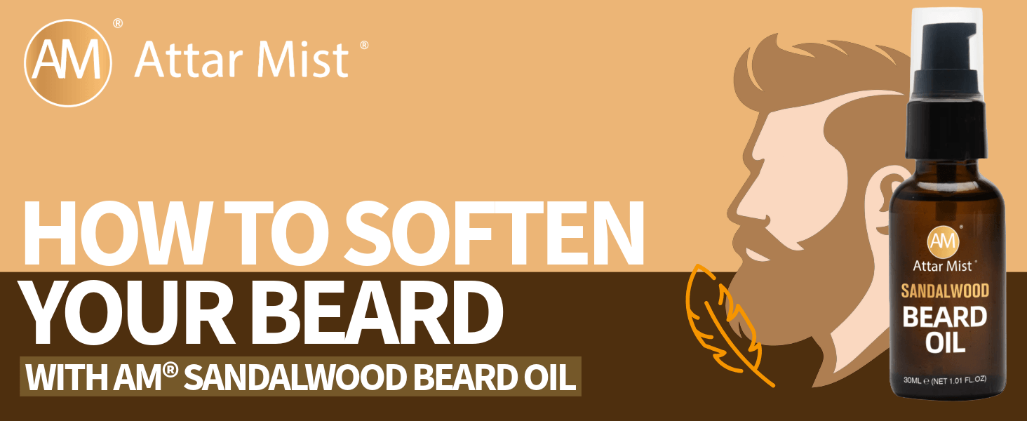 Bottle of AM Beard Oil with caption: How to Soften Your Beard with AM Sandalwood Beard Oil